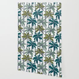 Retro Palm Springs vibes // white background highball sage and pine green palm trees oxford navy blue lines Wallpaper