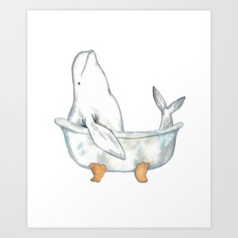 Beluga whale taking bath watercolor Art Print