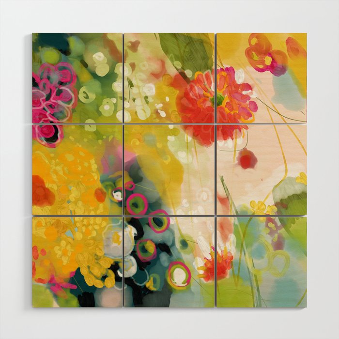 abstract floral art in yellow green and rose magenta colors Wood Wall Art
