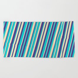 [ Thumbnail: Dark Turquoise, Tan, and Dark Slate Blue Colored Lines/Stripes Pattern Beach Towel ]