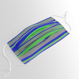 [ Thumbnail: Blue, Lime Green & Gray Colored Lined/Striped Pattern Face Mask ]
