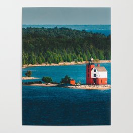 Round Island Light watching over Mackinac Island on Lake Michigan Poster