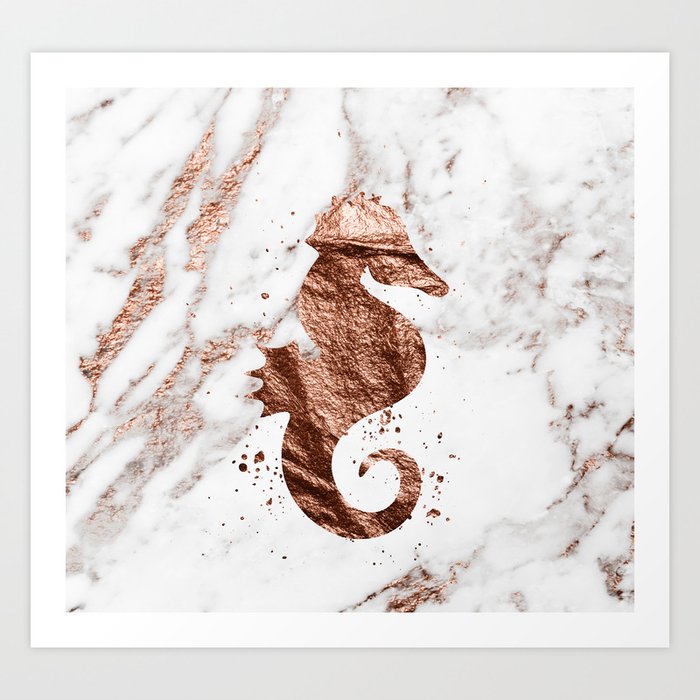 Rose gold seahorse marble Art Print
