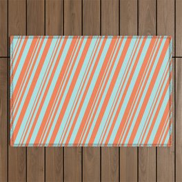 [ Thumbnail: Coral & Turquoise Colored Lined Pattern Outdoor Rug ]