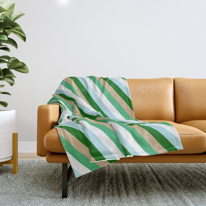 Eye-catching Tan, Sea Green, White, Powder Blue, and Dark Green Colored Pattern of Stripes Throw Blanket