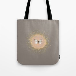 Hand-Drawn Butterfly and Gold Circle Frame on Pastel Brown Tote Bag