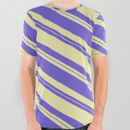 [ Thumbnail: Slate Blue & Pale Goldenrod Colored Lines/Stripes Pattern All Over Graphic Tee ]