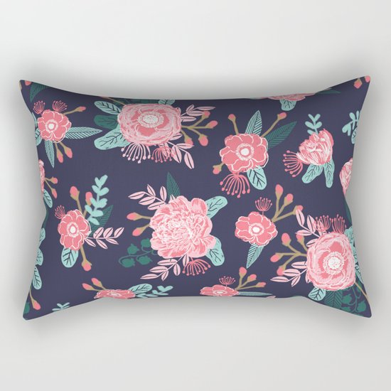 Peony floral bouquet navy pink bright happy flowers dorm college office decor must have pattern Rectangular Pillow