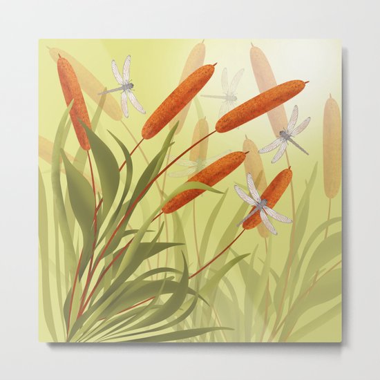 the reeds and dragonflies on the rising sun background Metal Print