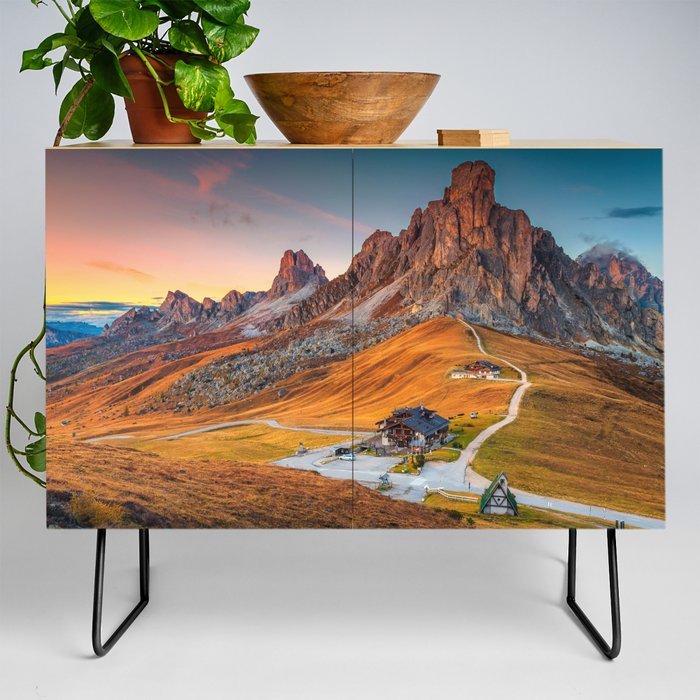 Majestic Sunset and Alpine Mountain Pass Rural Landscape Photograph Credenza