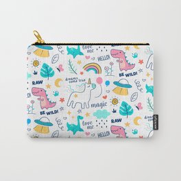 Cute Be Wild & Magical Doodle Illustration Unicorns Rainbows and Dinosaurs Pattern Carry-All Pouch