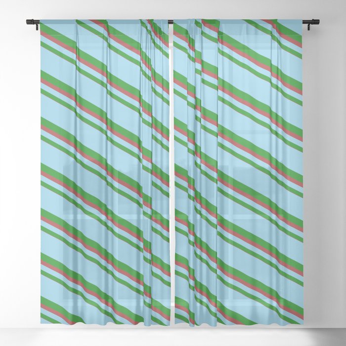 Sky Blue, Green, and Brown Colored Lines/Stripes Pattern Sheer Curtain
