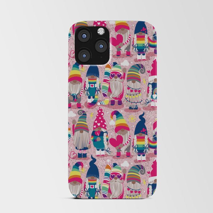 I gnome you // pastel pink background little happy and lovely gnomes with rainbows fuchsia pink hearts iPhone Card Case