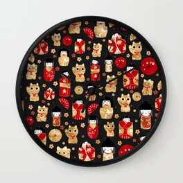 Japanese Dolls - Kokeshi and Maneki Neko Cats Wall Clock