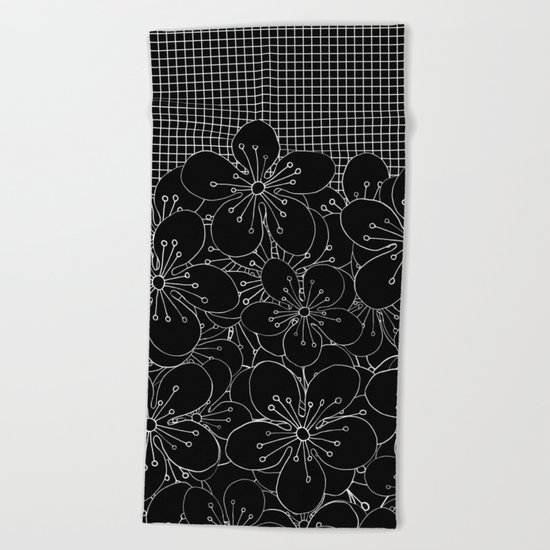 Cherry Blossom Grid Black Beach Towel