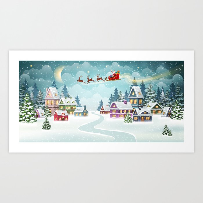 Santa and Reindeer on Christmas Background. Winter Christmas scene with snow covered houses and pine forest. Holiday vintage Background Art Print