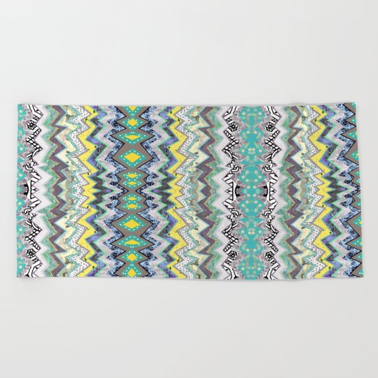 Teal Yellow White Midnight Aztec Beach Towel
