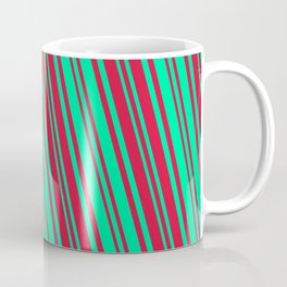 [ Thumbnail: Crimson and Green Colored Lines/Stripes Pattern Coffee Mug ]