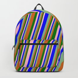 [ Thumbnail: Eyecatching Pink, Blue, Dark Sea Green, Chocolate, and Green Colored Pattern of Stripes Backpack ]