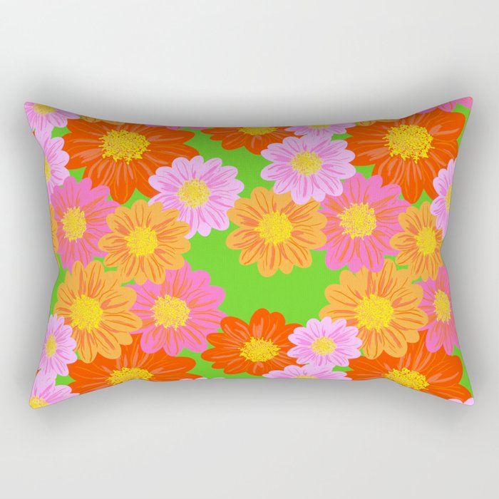 Summer Cosmos Flowers Pink And Orange On Kelly Green Rectangular Pillow