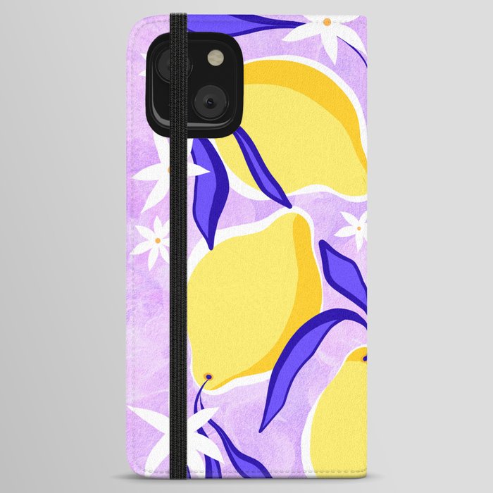 Blue and Yellow Lemons with flowers on VERY PERI iPhone Wallet Case