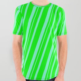 [ Thumbnail: Lime & Aquamarine Colored Striped Pattern All Over Graphic Tee ]