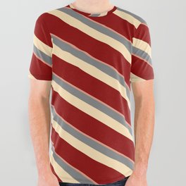 [ Thumbnail: Dark Salmon, Grey, Beige & Dark Red Colored Stripes/Lines Pattern All Over Graphic Tee ]