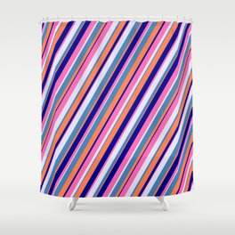[ Thumbnail: Colorful Lavender, Blue, Coral, Dark Blue, and Hot Pink Colored Lines/Stripes Pattern Shower Curtain ]