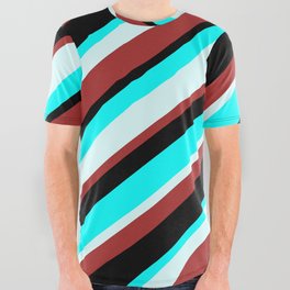 [ Thumbnail: Aqua, Light Cyan, Brown & Black Colored Lined Pattern All Over Graphic Tee ]