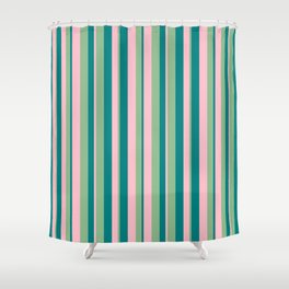 [ Thumbnail: Dark Sea Green, Pink & Teal Colored Lined/Striped Pattern Shower Curtain ]