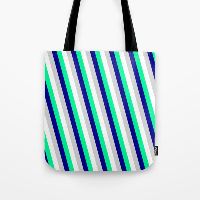 White, Green, Dark Blue & Light Grey Colored Lines Pattern Tote Bag