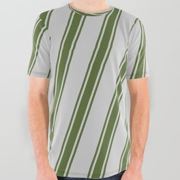 [ Thumbnail: Light Gray & Dark Olive Green Colored Pattern of Stripes All Over Graphic Tee ]