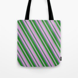 [ Thumbnail: Forest Green, Dark Gray, Plum, and Slate Gray Colored Stripes/Lines Pattern Tote Bag ]