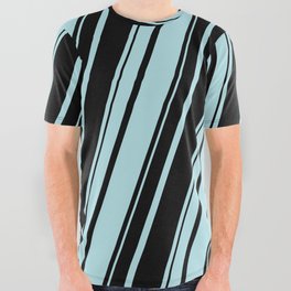 [ Thumbnail: Powder Blue and Black Colored Striped Pattern All Over Graphic Tee ]
