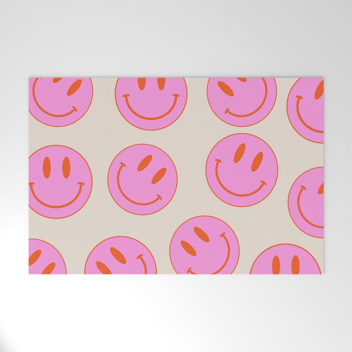 Keep Smiling! - Large Pink and Beige Smiley Face Pattern Welcome Mat