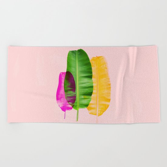 Bright Pink Colorful Banana Leaves Beach Towel