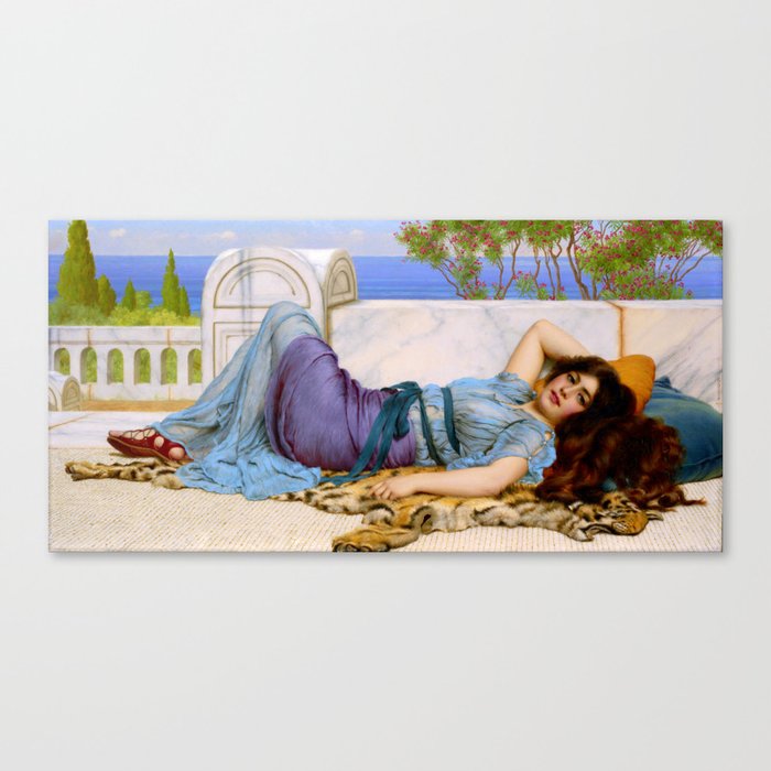 Mischief and Repose , jw godward "Girl with a beautiful transparent Summer purple Dress" John Willia Canvas Print