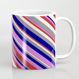 [ Thumbnail: Vibrant Orchid, Red, Beige, Grey, and Blue Colored Lines/Stripes Pattern Coffee Mug ]