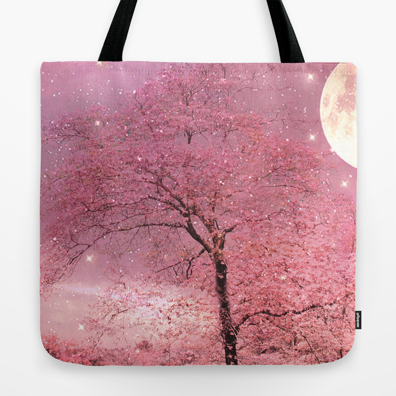 Surreal Fantasy Fairy Tale Pink Nature Trees Stars Full Moon Tote Bag