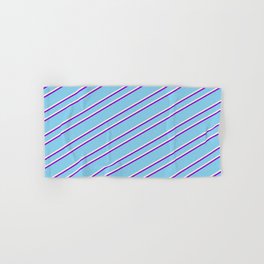 [ Thumbnail: Sky Blue, Beige, and Dark Violet Colored Pattern of Stripes Hand & Bath Towel ]