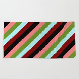 [ Thumbnail: Eyecatching Light Coral, Green, Turquoise, Maroon & Black Colored Striped/Lined Pattern Beach Towel ]