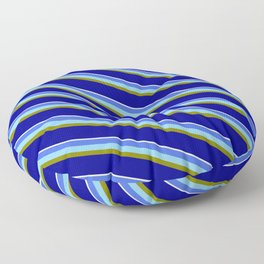 [ Thumbnail: Vibrant Royal Blue, Sky Blue, Green, Dark Blue, and White Colored Striped/Lined Pattern Floor Pillow ]