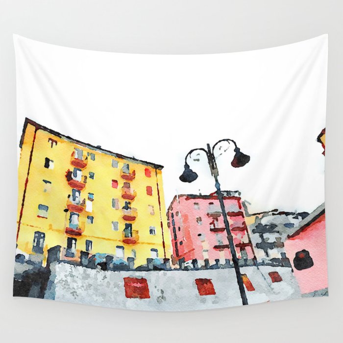 Colored Buildings With Street Lamps Wall Tapestry By Giuseppecocco
