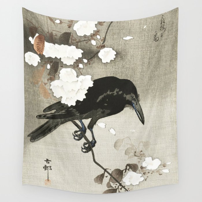 Raven on Cherry tree - Japanese vintage woodblock print Wall Tapestry