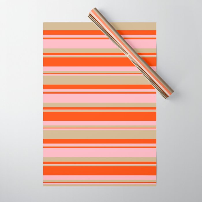 Red, Light Pink, and Tan Colored Lined/Striped Pattern Wrapping Paper