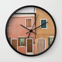 Coral Pink and Mustard Yellow Houses in Burano | Venice Colorful Pastel House Photography | Italy Wall Clock