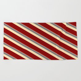[ Thumbnail: Dark Salmon, Grey, Beige & Dark Red Colored Stripes/Lines Pattern Beach Towel ]