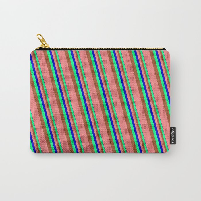 Blue, Green, Sienna & Light Coral Colored Striped/Lined Pattern Carry-All Pouch