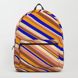 [ Thumbnail: Eyecatching Beige, Dark Salmon, Sienna, Orange, and Blue Colored Striped/Lined Pattern Backpack ]