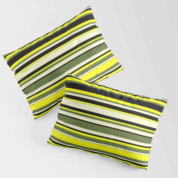 Yellow, Dark Olive Green, Light Yellow, and Black Colored Lines Pattern Pillow Sham
